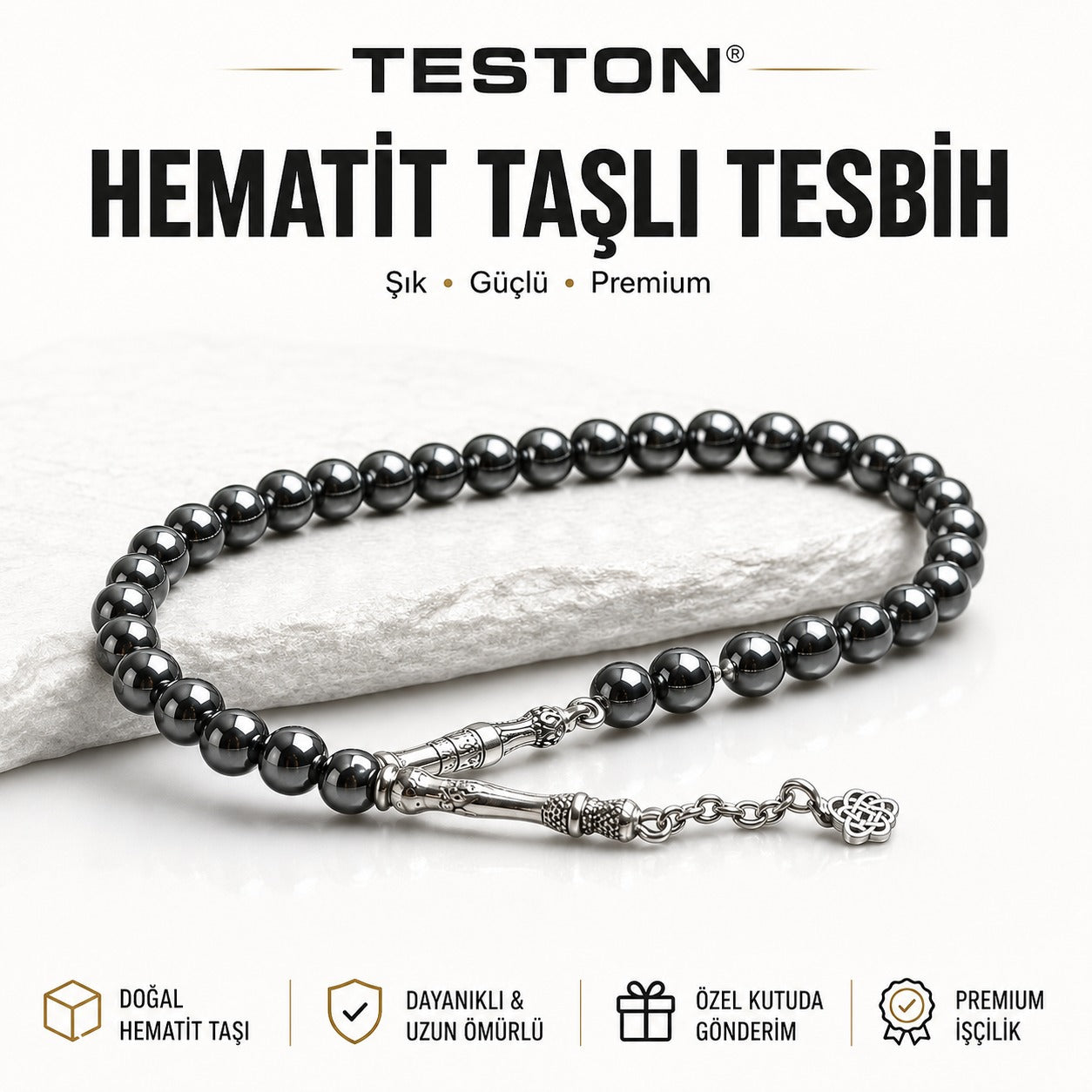 TESTON® Premium Hematit Taşlı Erkek Tesbih
