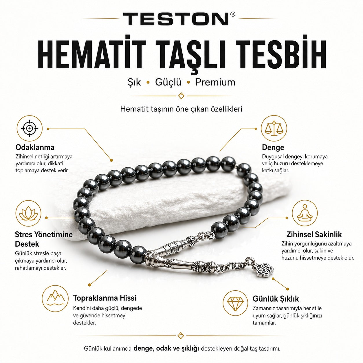 TESTON® Premium Hematit Taşlı Erkek Tesbih