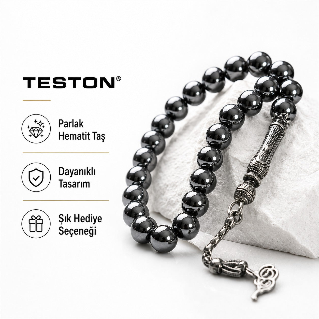 TESTON® Premium Hematit Taşlı Erkek Tesbih